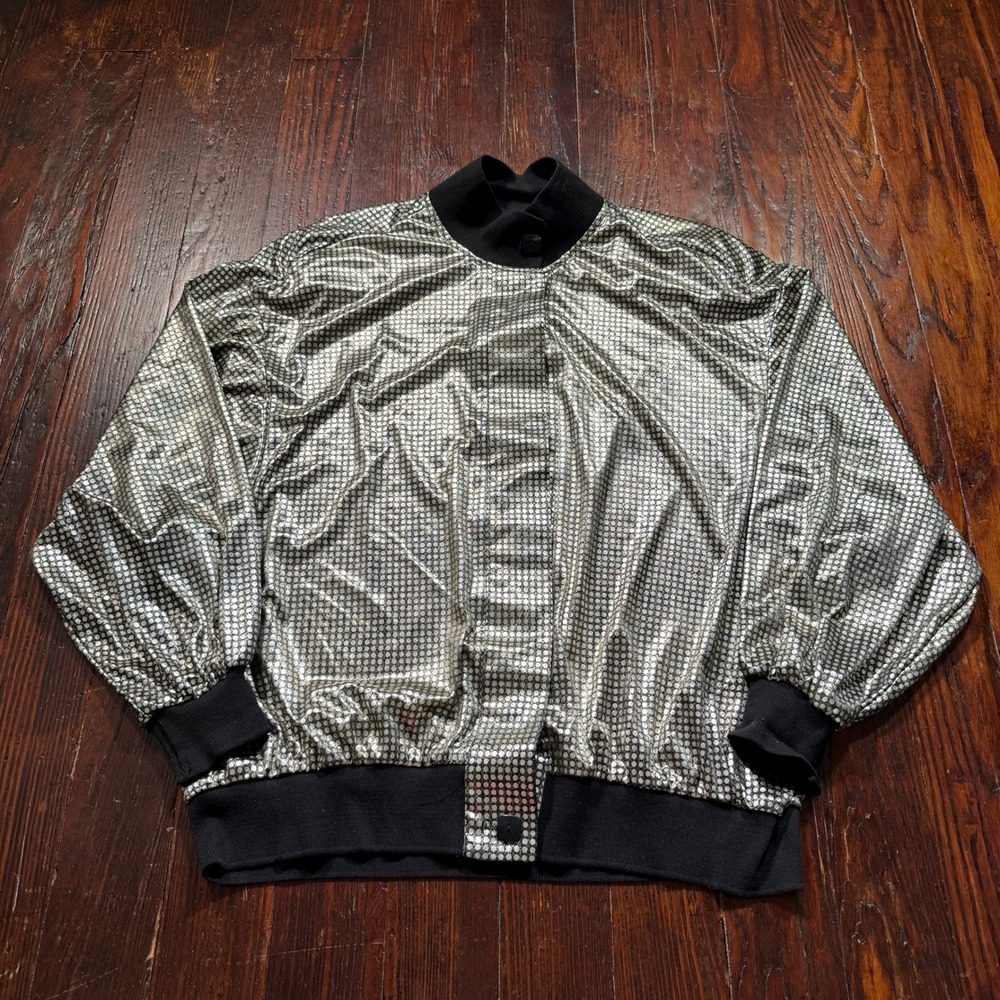 Vintage 90s Susan Graver Bomber Jacket Womens L Silver Metallic Polka Dot